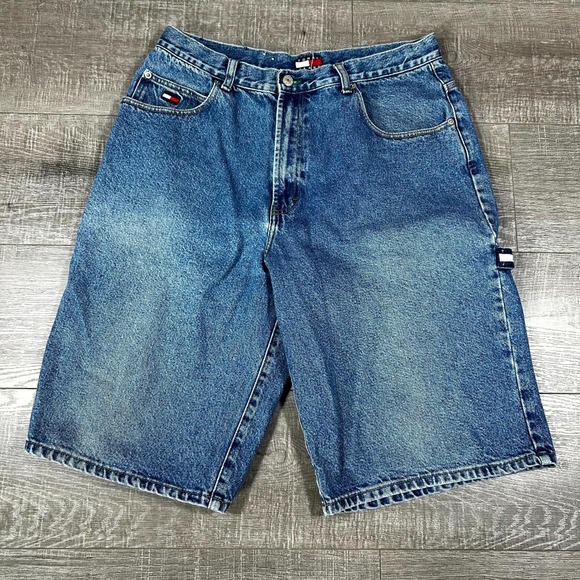 VTG 90s Tommy Hilfiger Cargo Shorts Men's 34 Blue Denim Baggy Carpenter Grunge - Picture 1 of 8
